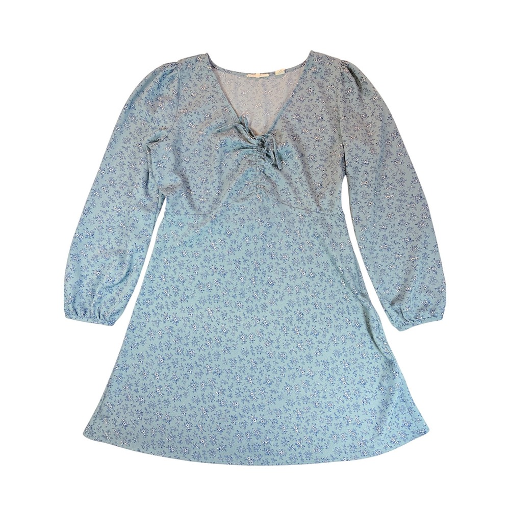 Levi's Floral Dress Women Large Blue Long Sleeve V-Neck Mini A9302-0002
